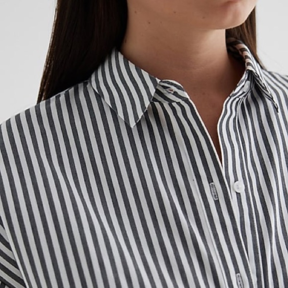 Express Black and White Vertical-Striped Mini Shirt Dress - Picture 3 of 12